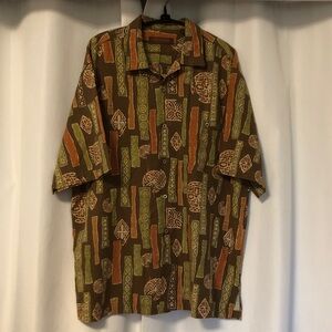 Tori Richard Honolulu large silk and cotton shirt totem print brown